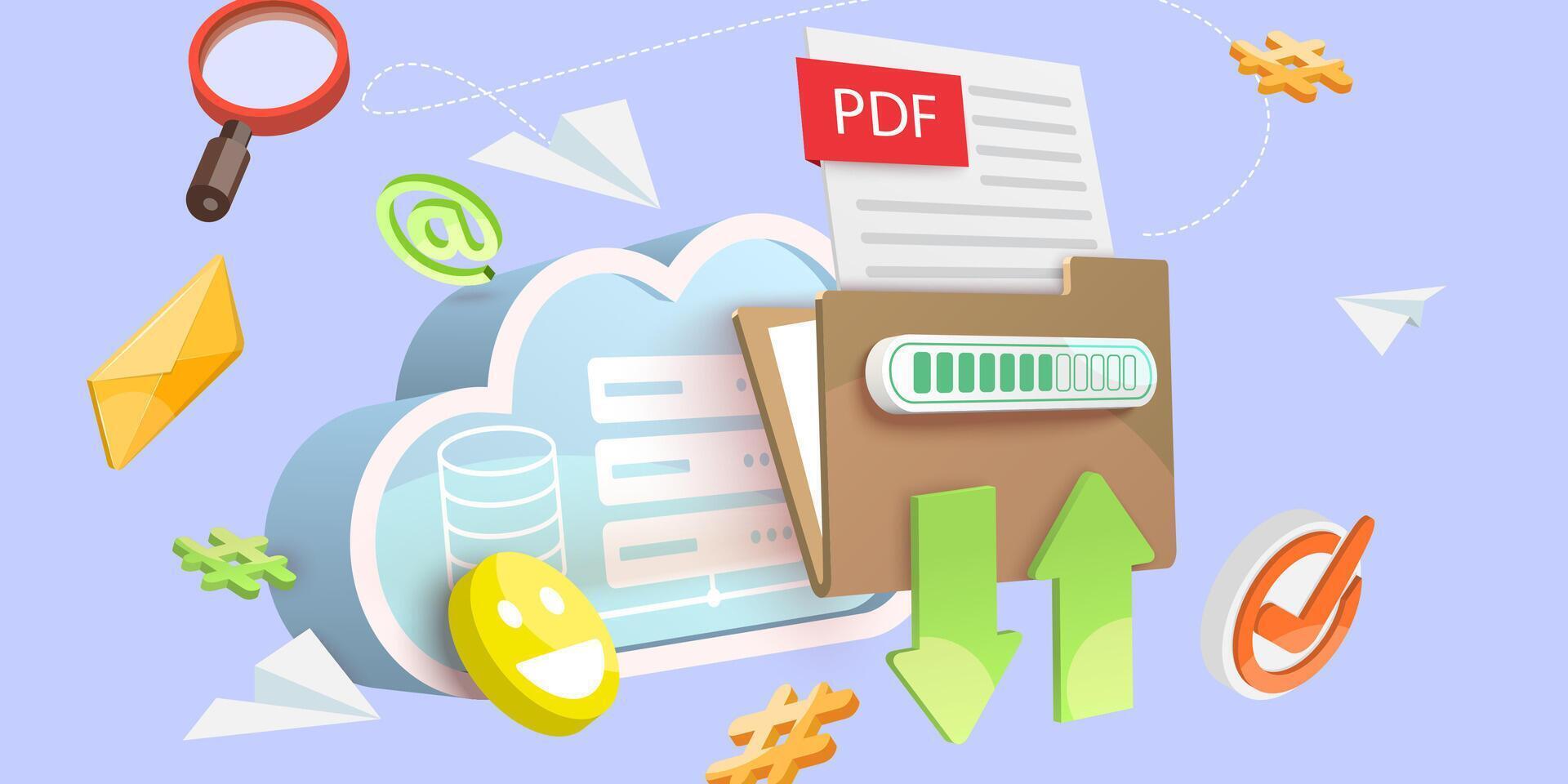 3D Conceptual Illustration of PDF File Downloading or Uploading. vector