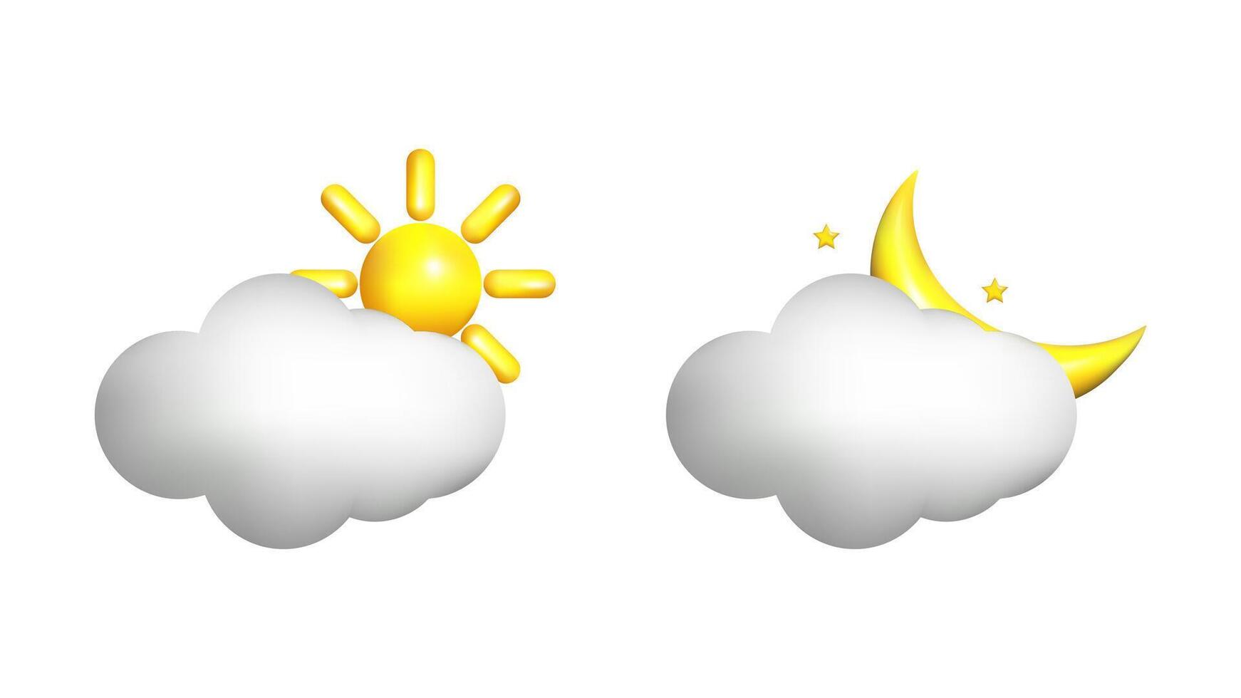 Weather 3d icons realistic isolated set. Partly cloudy,no precipitation,clearing. Day.Night. Design weather app web site game logo banner. Meteorology concept. vector