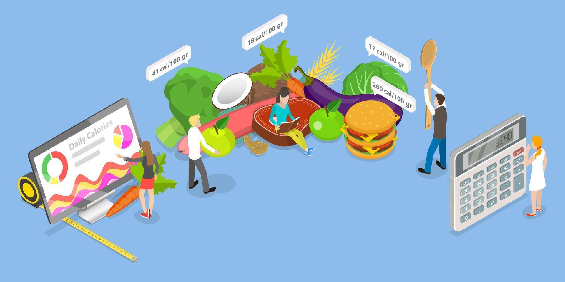 3D Isometric Flat Conceptual Illustration of Calorie Calculator. vector
