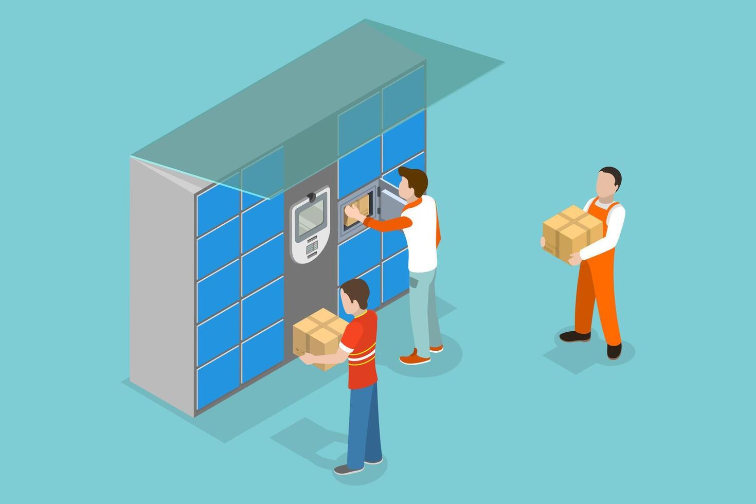 3D Isometric Flat Conceptual Illustration of Smart Parcel Lockers. vector