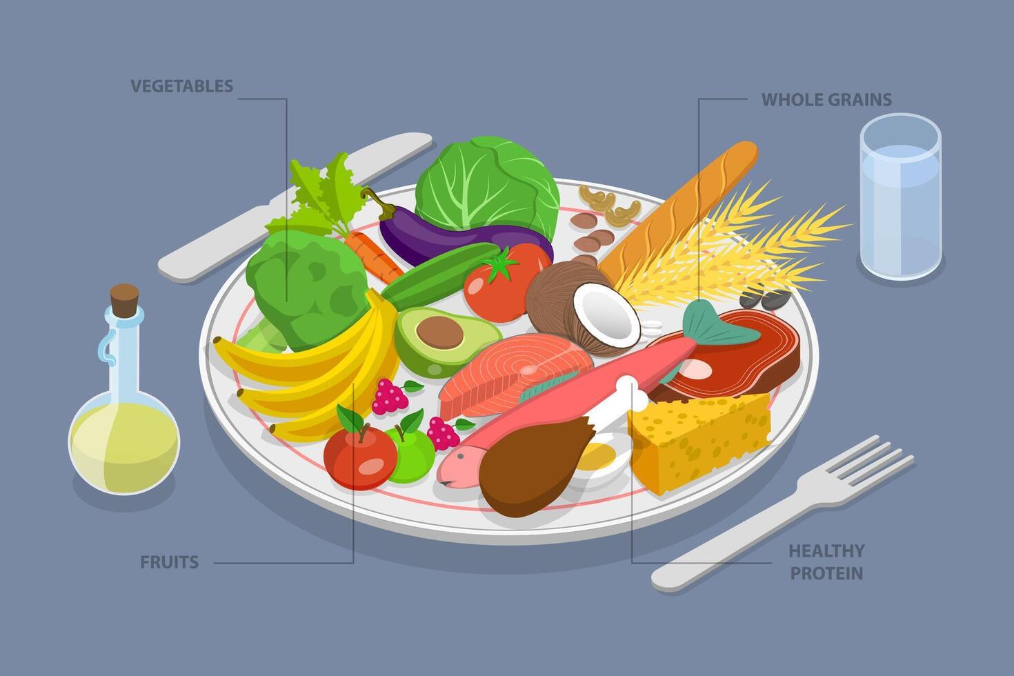 3D Isometric Flat Conceptual Illustration of Healthy Eating Plate. vector