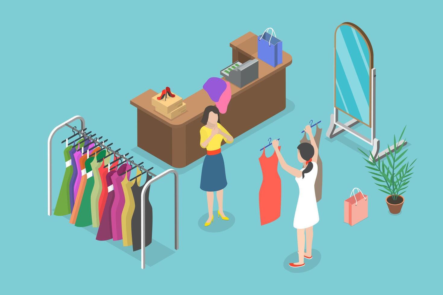 3D Isometric Flat Conceptual Illustration of Clothes Shop Assistant vector