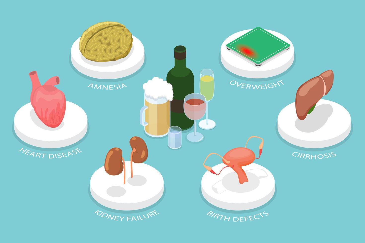 3D Isometric Flat Conceptual Illustration of Effects Of Alcohol On The Body vector