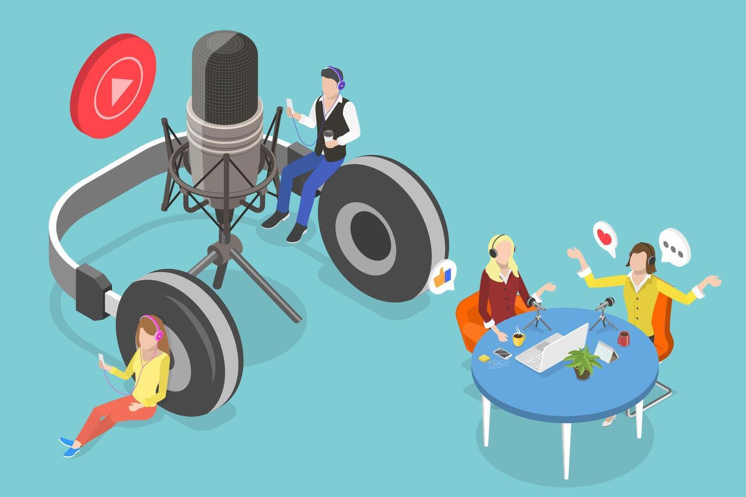 3D Isometric Flat Conceptual Illustration of Recording Podcast vector