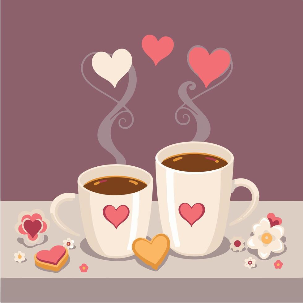 Two cups of coffee with hearts and flowers on a table vector