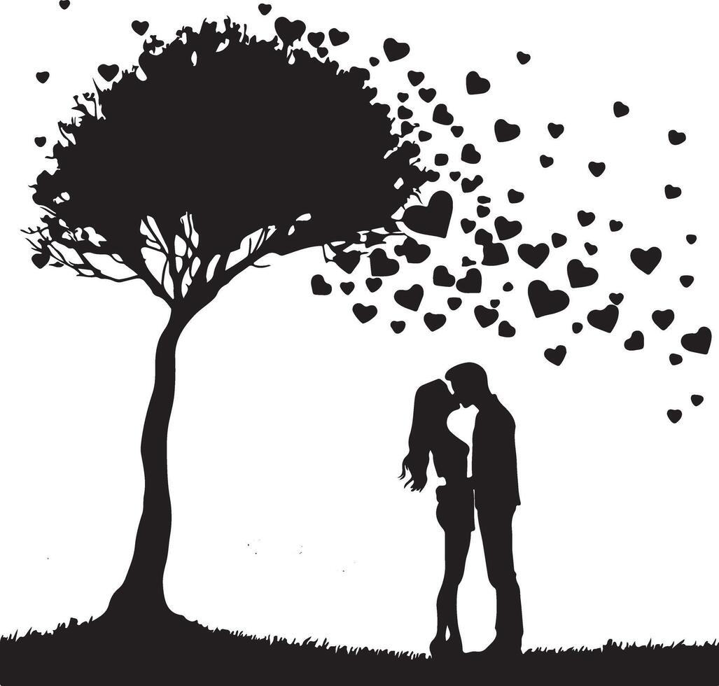 A couple kissing under a tree with hearts vector