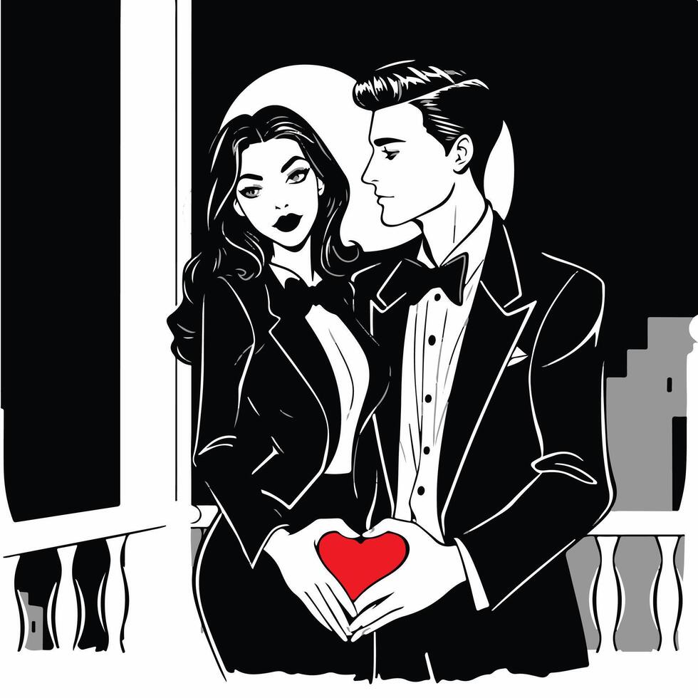 A man and woman in a tuxedo holding a heart vector