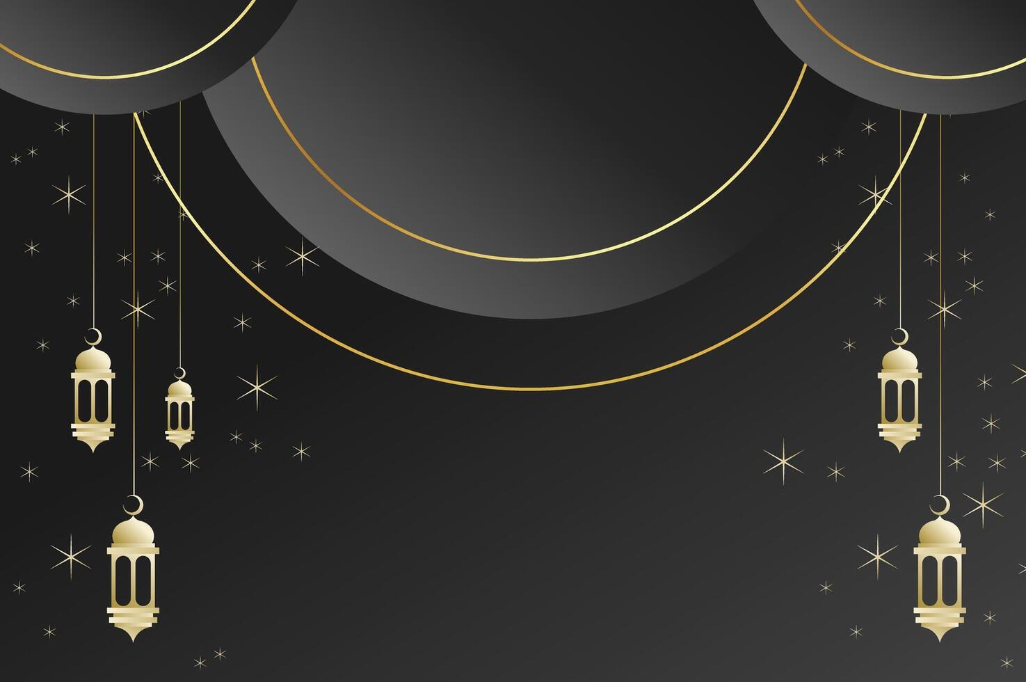 Elegant geometric Islamic background with lantern, circle shape and sparkling stars in luxury black. Ramadan, eid mubarak, and festival concept. vector