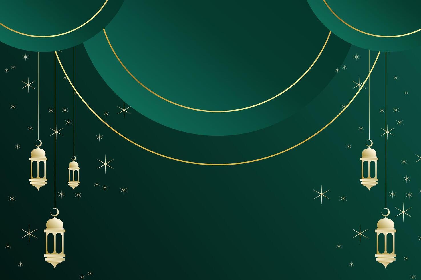Elegant geometric Islamic background with lantern, circle shape and sparkling stars in luxury dark green color. Ramadan kareem background, eid mubarak, and celebration concept. vector