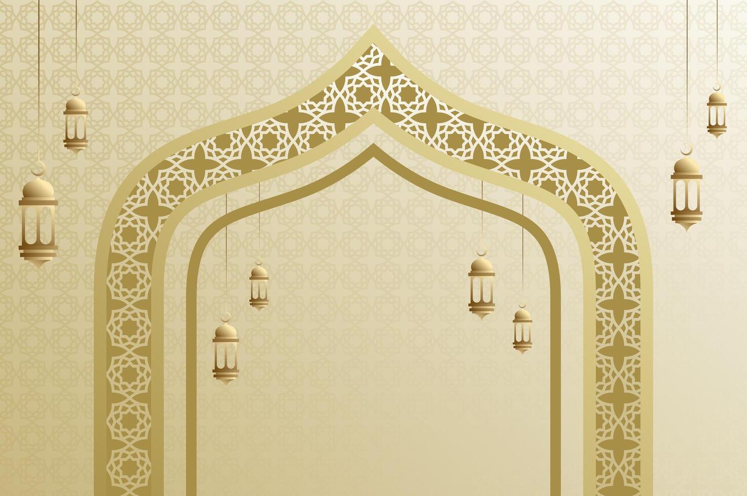 Elegant geometric Islamic ornament and background with lantern, arabic dome and pattern in luxury gold color. Ramadan kareem festival concept. vector