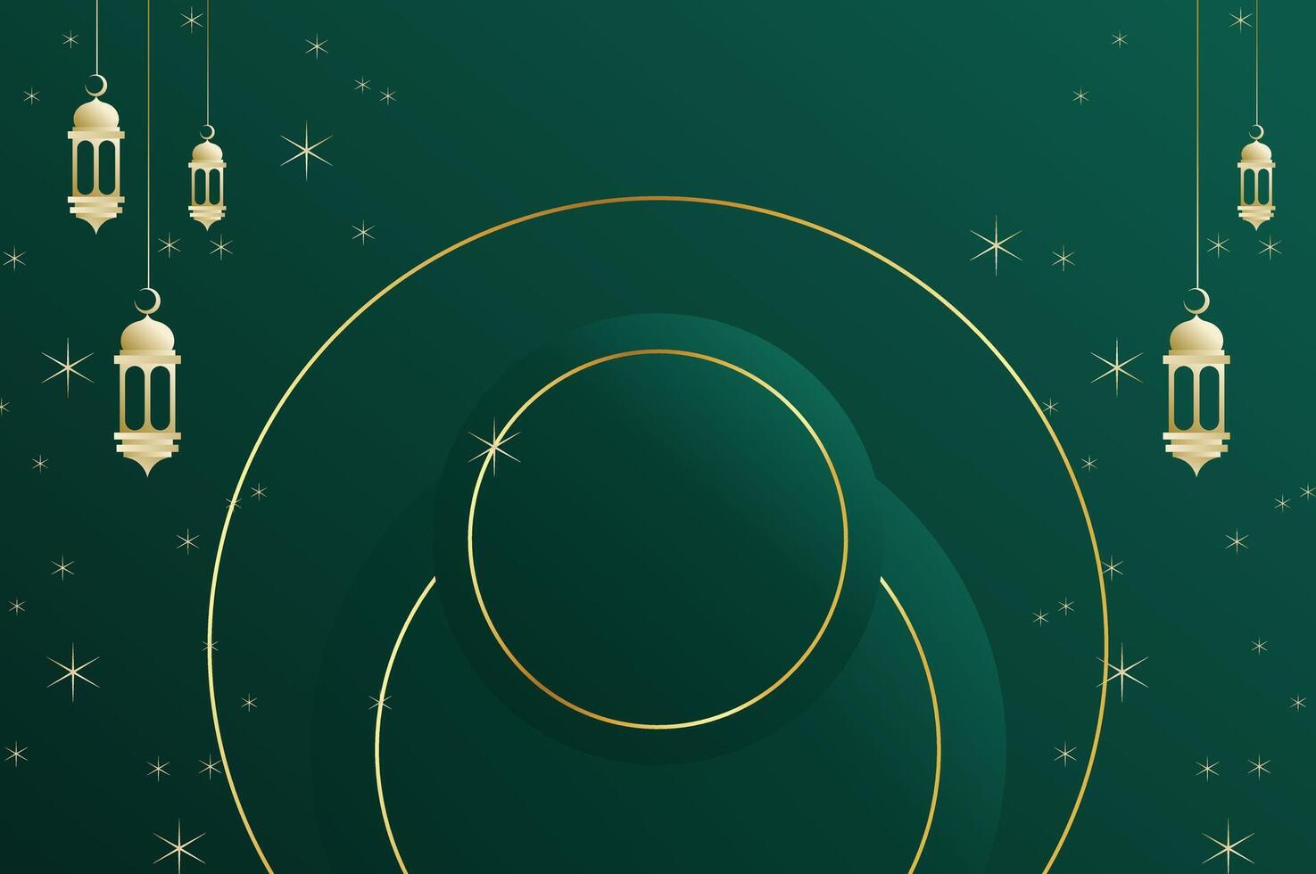 Elegant geometric Islamic background with lantern, circle shape and sparkling stars in luxury dark green color. Ramadan kareem, eid festival. vector