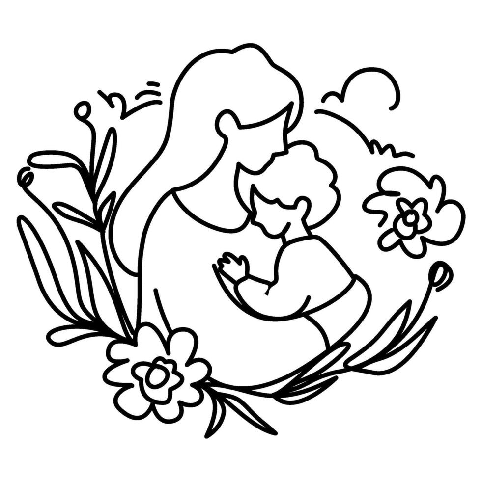 graphic of a mother hugging her child, surrounded by floral elements. Perfect for Mother's Day cards, social media post vector
