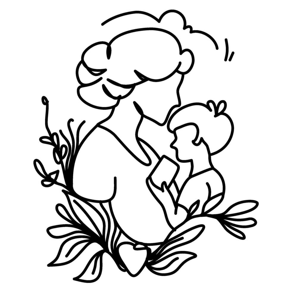 illustration of a mother embracing her child, surrounded by delicate floral elements. Perfect for Mother's Day cards, family-themed designs, and projects celebrating maternal love and care vector