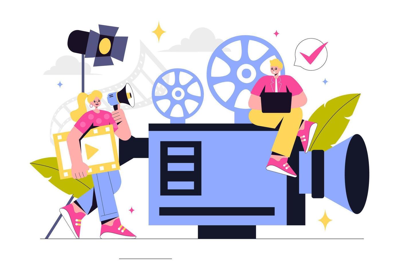Production Illustration with Filmmaking Equipment and Cinematic Setup in a Flat Style vector
