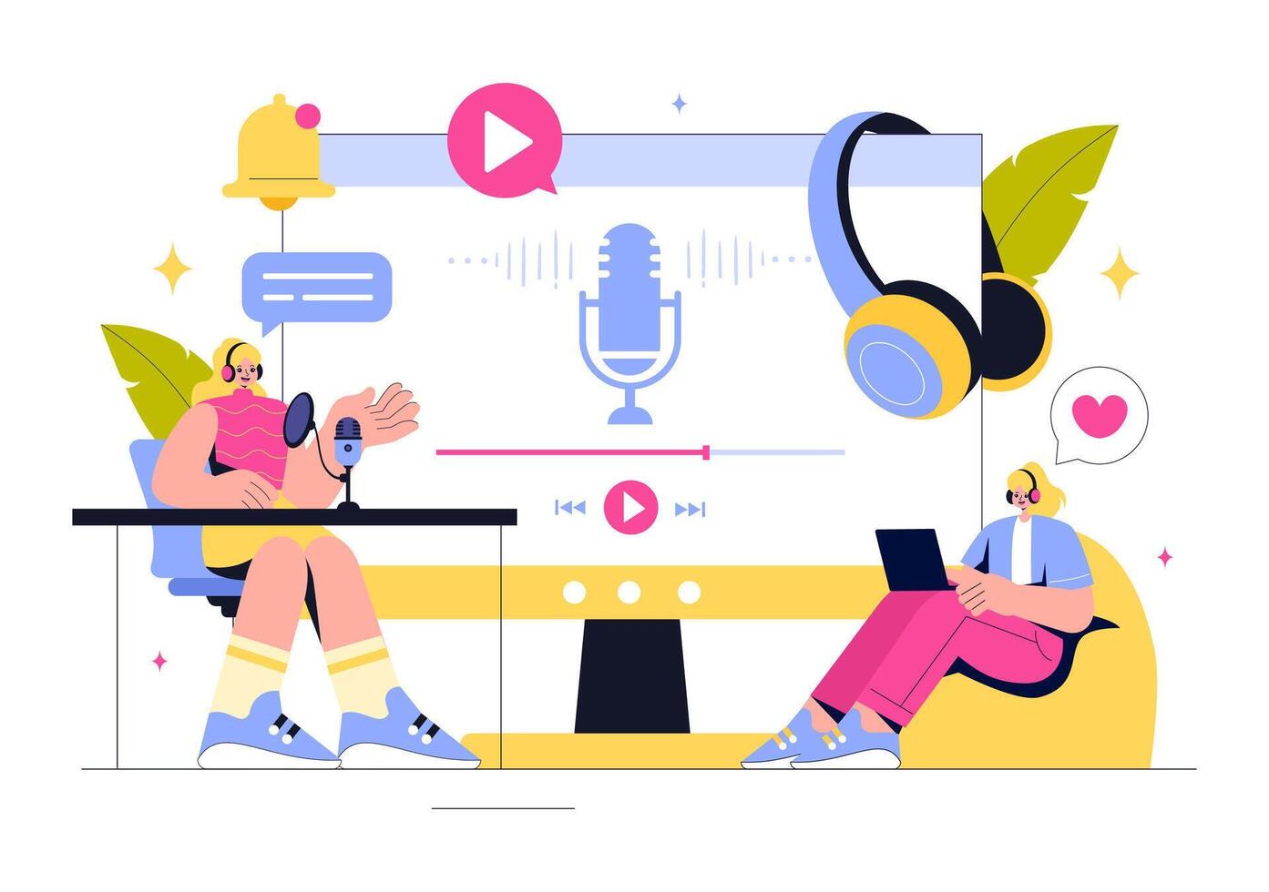 Flat Style Podcast Interview Illustration with a Host and Guest Talking into Microphones vector