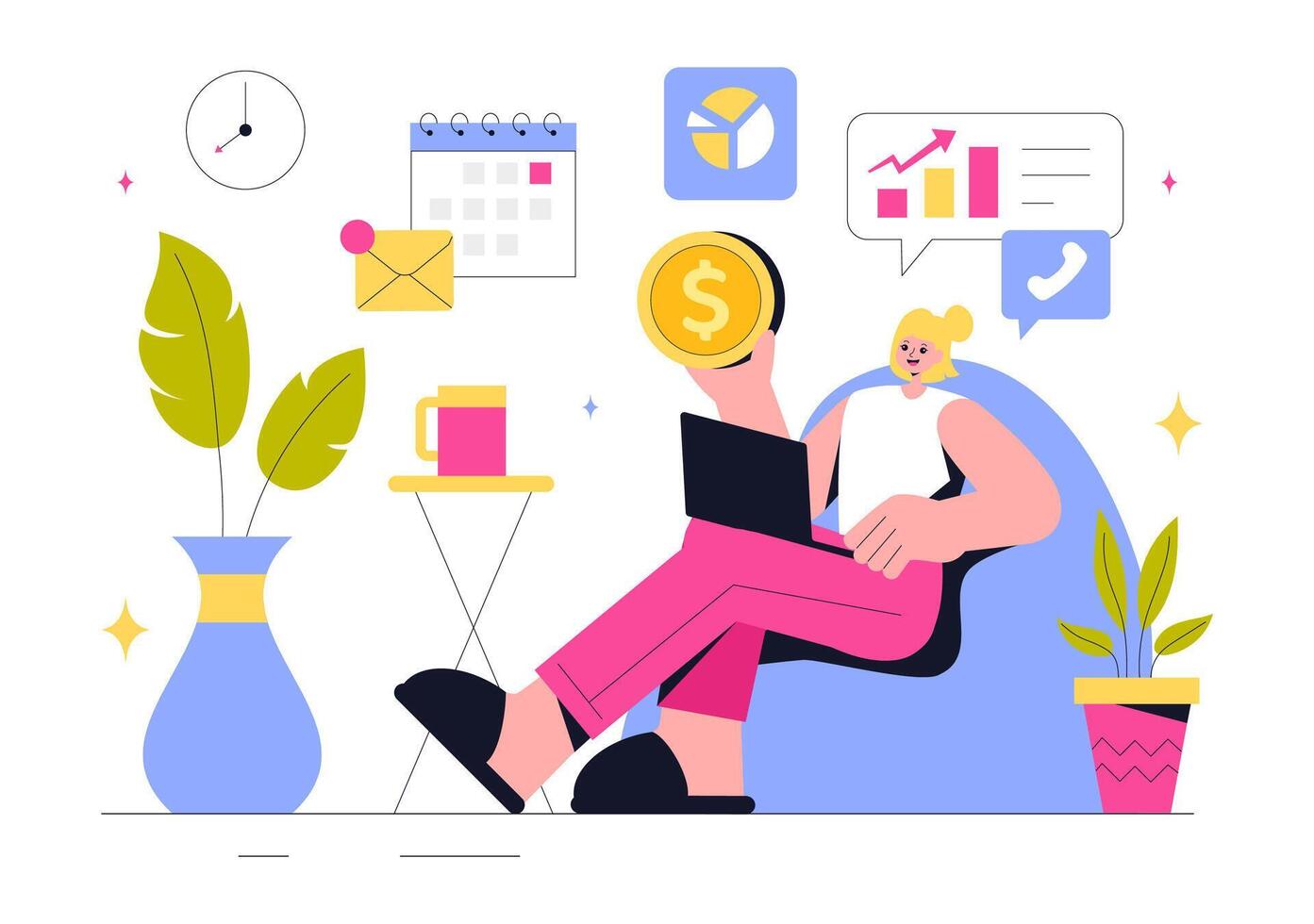 Freelancer Economy and Business Growth Illustration with Bar Chart Analysis vector