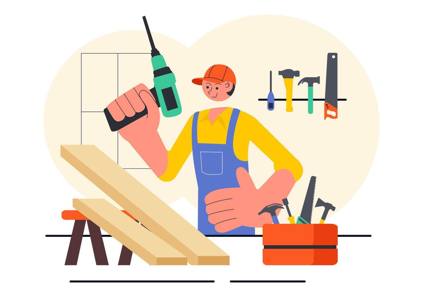 Handmade Wooden Furniture Illustration Featuring a Carpenter and Timber Craft vector