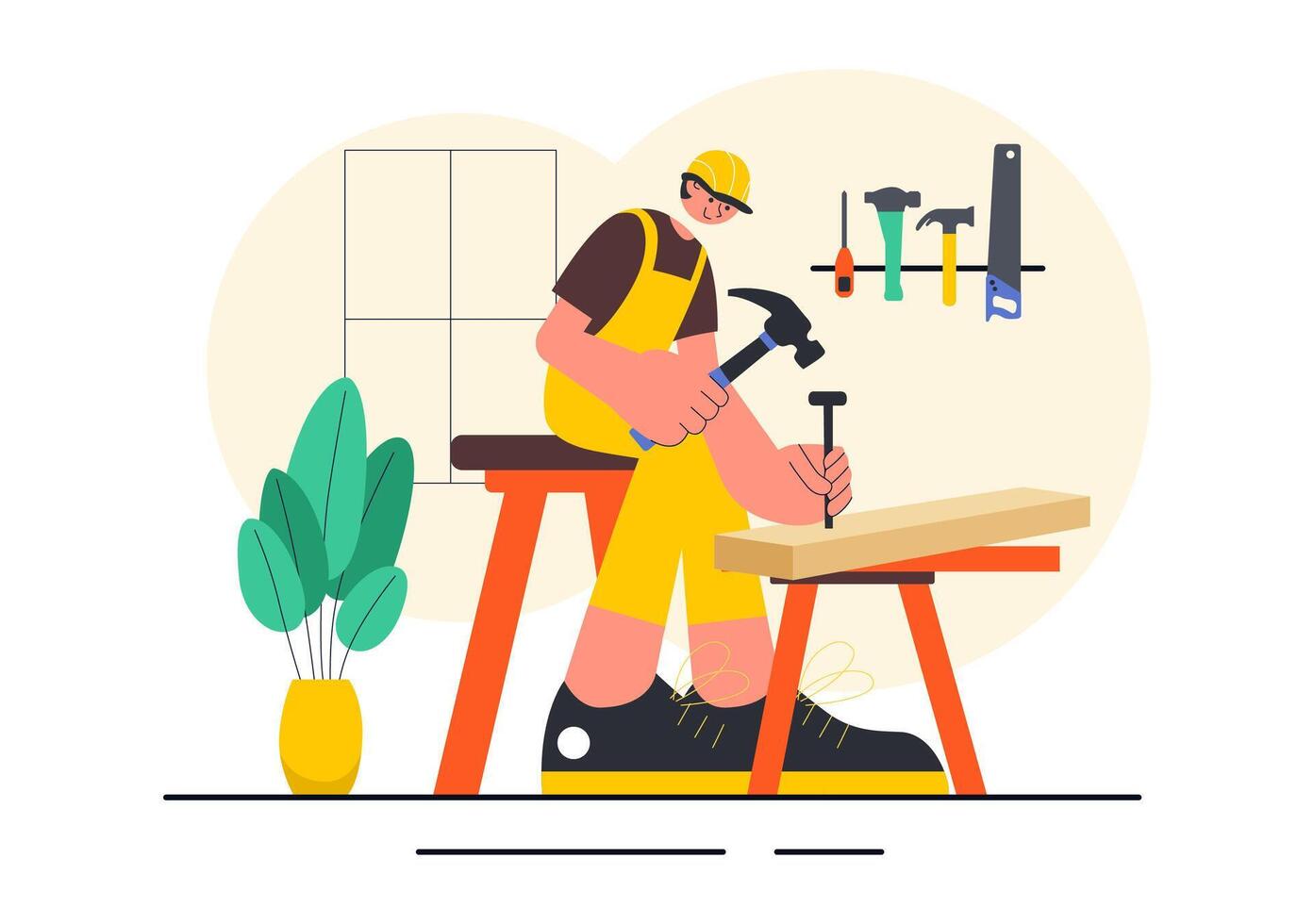 Carpentry Studio Illustration Featuring Wood, Tools, and a Craftsman at Work vector