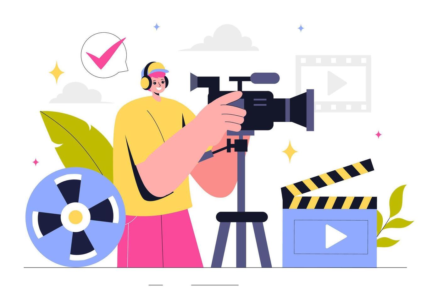 Filmmaking Illustration of a Videographer Recording a Movie with Professional Gear vector