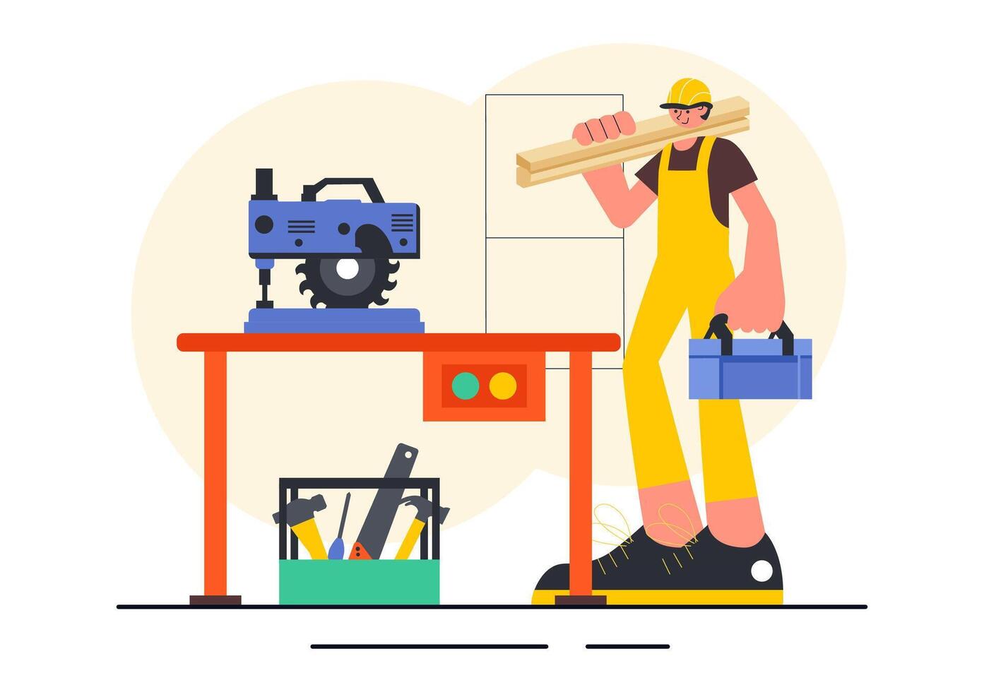 DIY Woodworking Illustration with Carpentry Tools and Handmade Furniture vector
