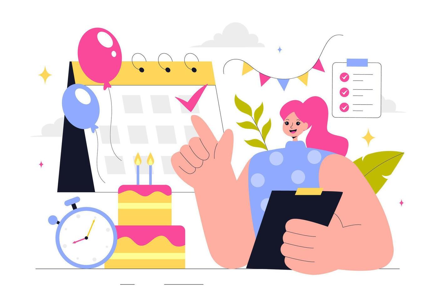 Event Planning Illustration with Party Arrangements, Scheduling, and Time Management vector