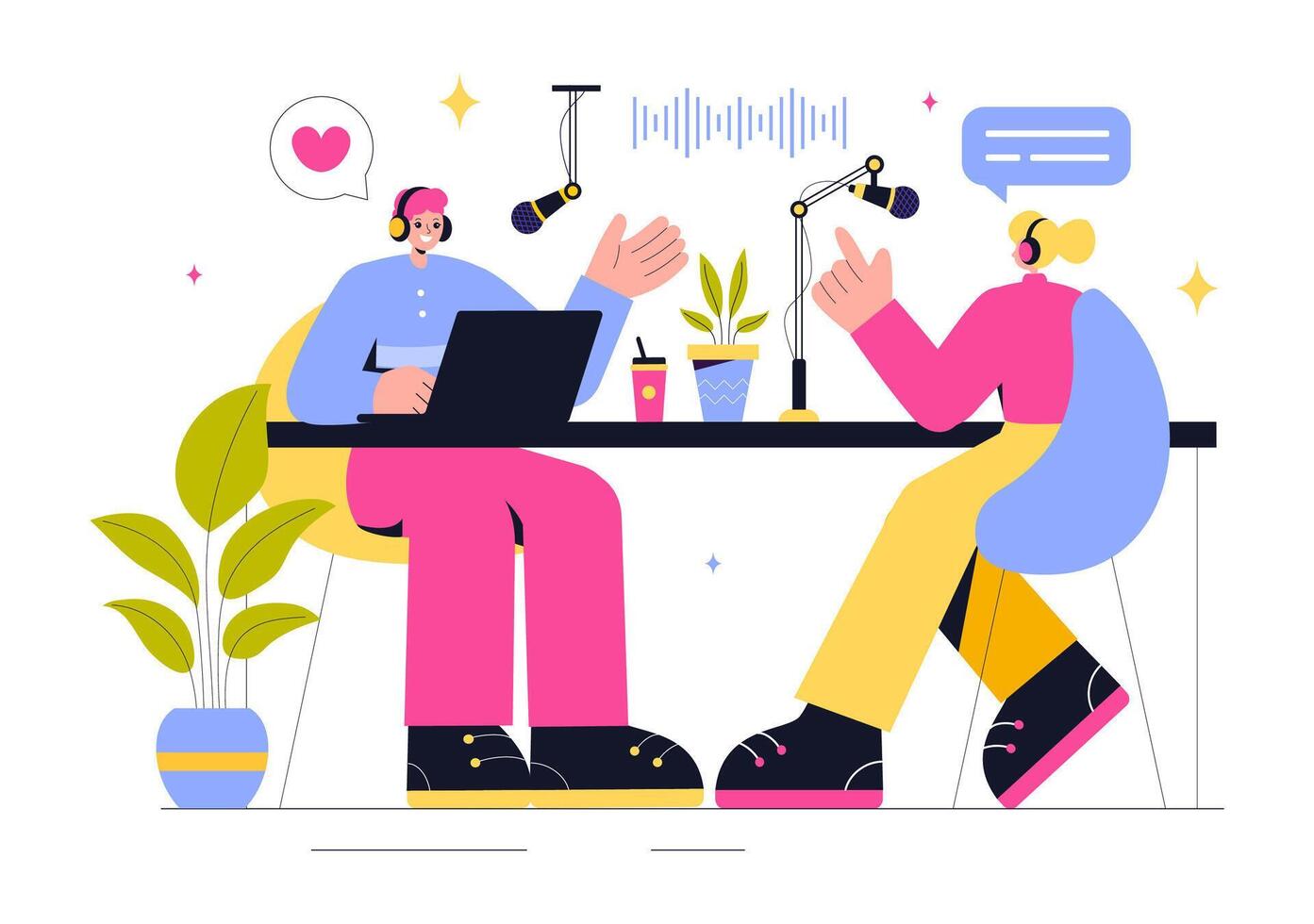 Flat Style Podcast Illustration Featuring a Host and Guest in a Studio with Microphones vector