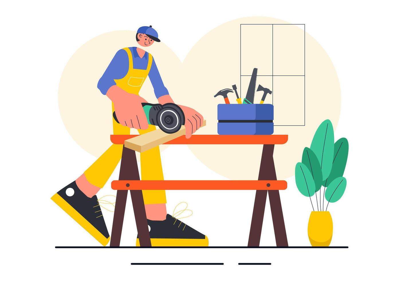 Illustration of a Craftsman Working in a Carpentry Workshop with Wood Boards vector
