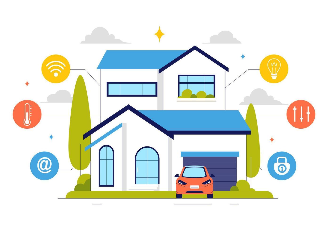 Illustration of a Smart Home with Wireless Automation System and Connected Devices vector