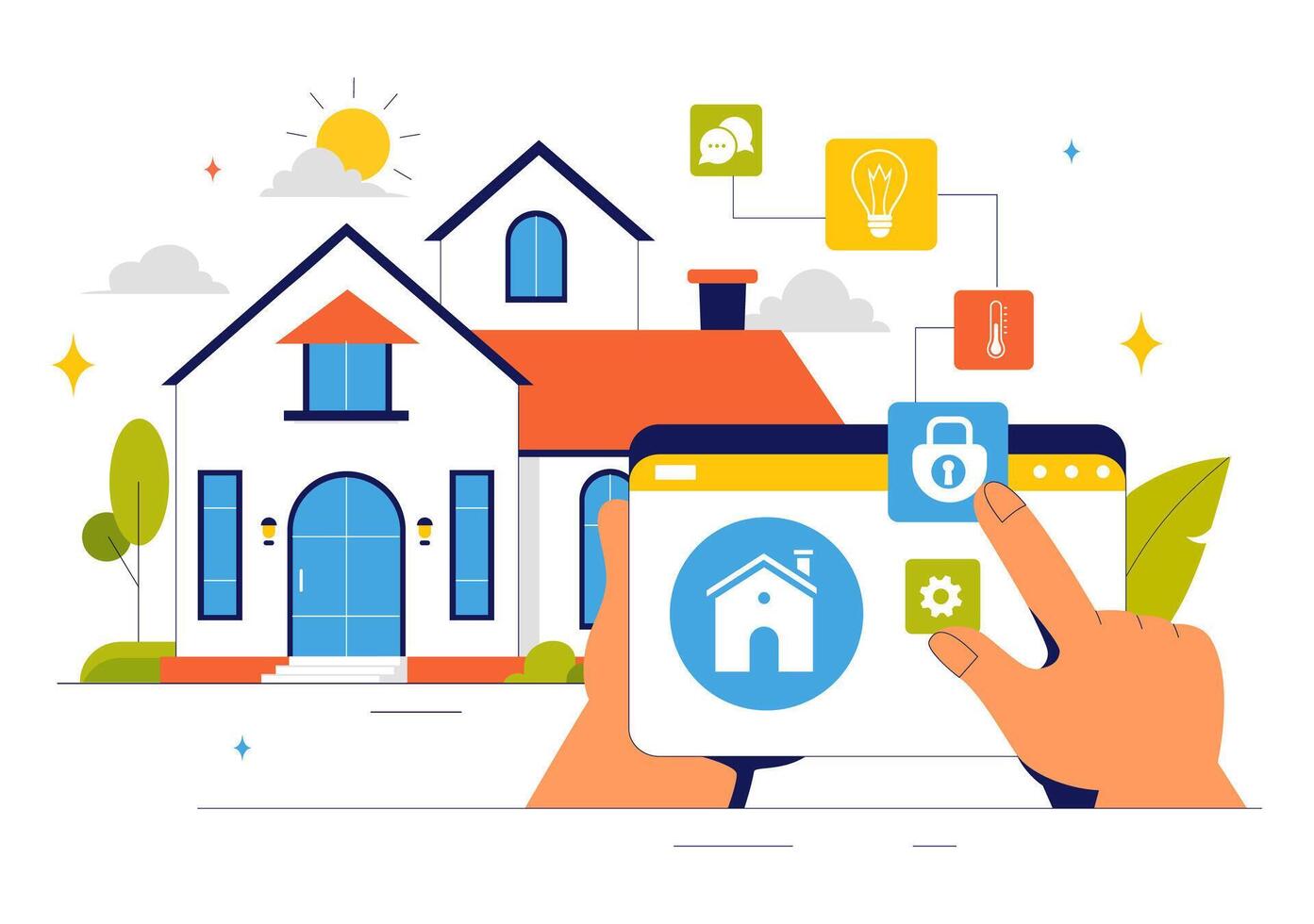 Smart Home Technology Illustration Featuring IoT System and Remote Control vector