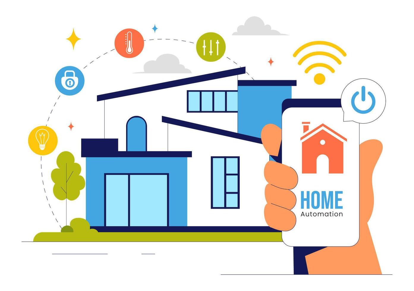 Wireless Home Automation Illustration with Smart Devices and Internet Control vector