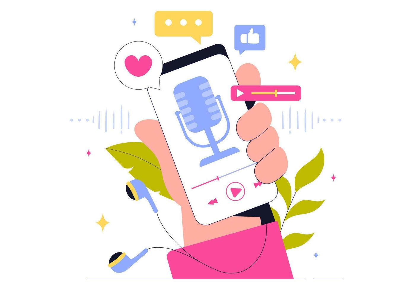 Online Broadcasting Illustration with a Host, Guest, and Professional Audio Gear vector