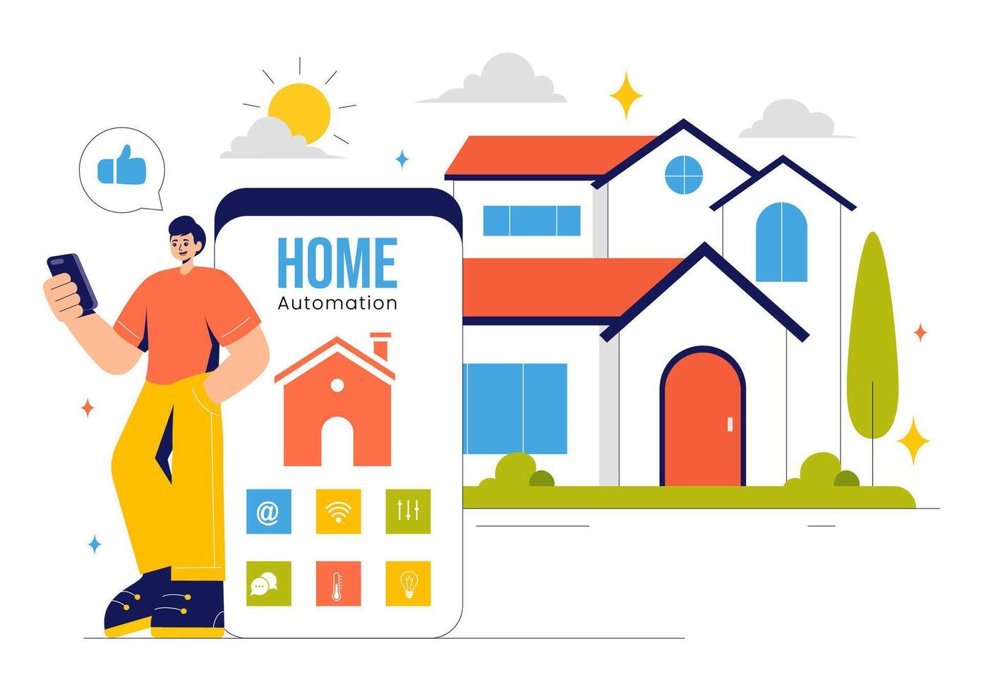 Smart Home Automation Illustration with IoT-Controlled Devices in a Flat Style Background vector