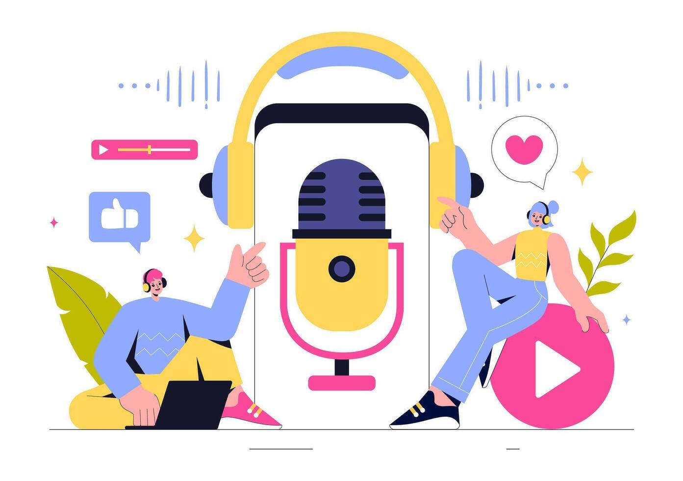 Illustration of a Podcast Session with People Using Headsets and Recording Equipment vector