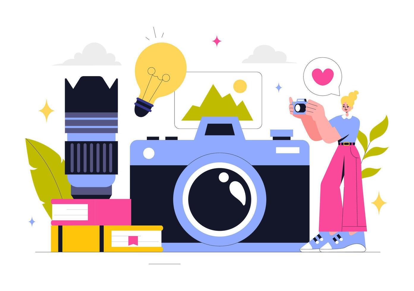 Illustration of a Digital Camera and Photography Equipment for Travel and Exploration in a Flat Cartoon Background vector