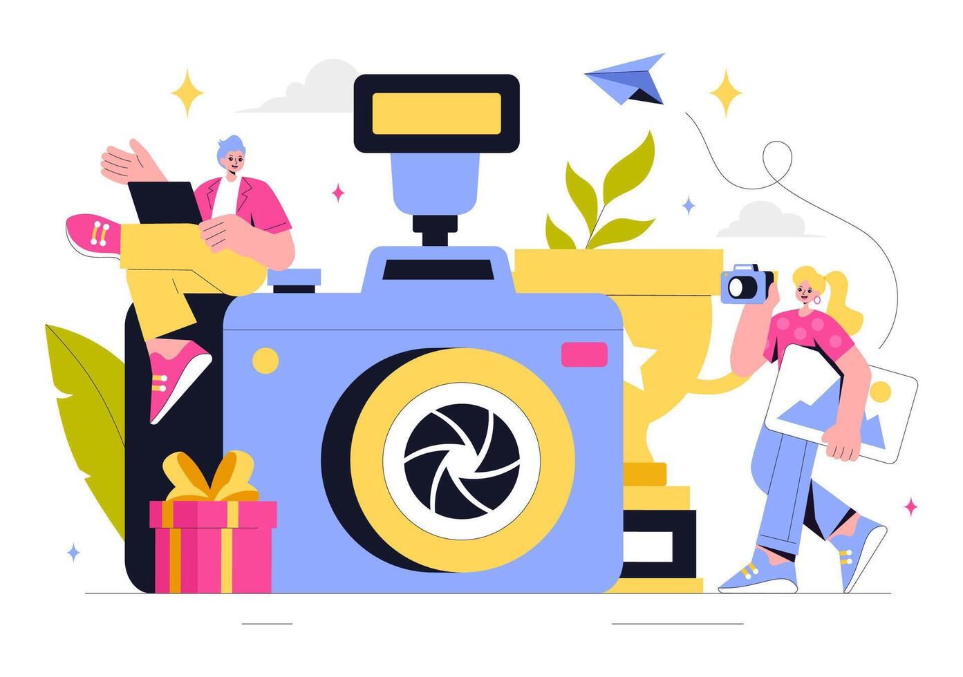 Illustration of a Professional Camera and Equipment for Capturing Travel and Adventure in a Flat Style vector