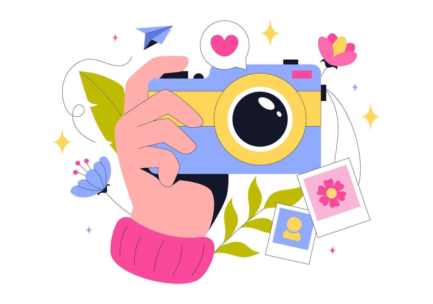 Travel Photography Illustration with Camera, Lenses, and Gear in a Flat Cartoon Background vector
