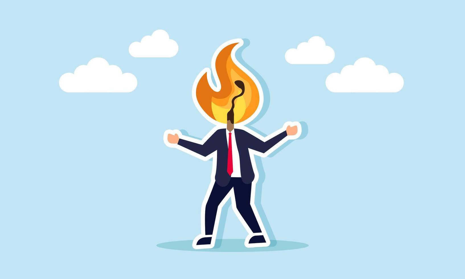 Businessman with a burning matchstick head, illustration of not thinking calmly when facing business problems vector