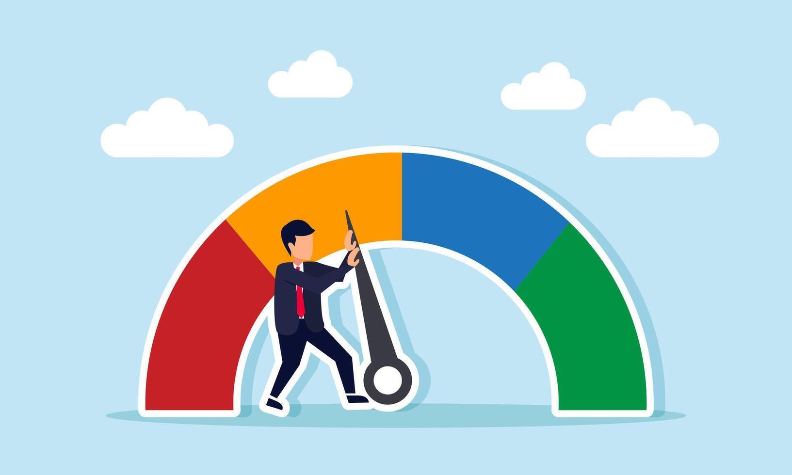 Businessman tries to point the indicator needle to the green area, illustration of efforts to improve business performance vector