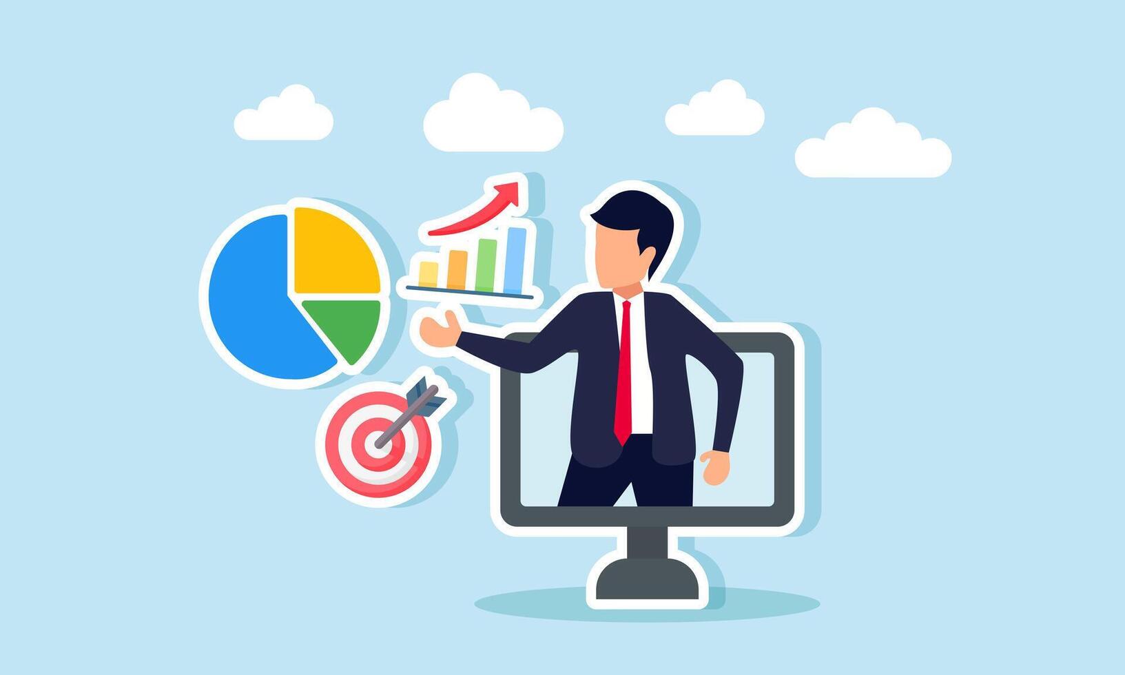 Businessman appears on a computer monitor presenting a pie chart, bar chart, and target board, illustration of a virtual assistant optimizing business tasks for accurate target achievement vector