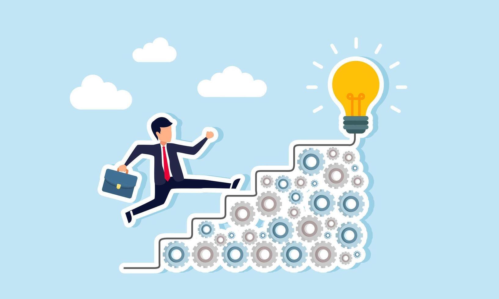 Businessman runs up stairs made of stacked gears to reach a brightly lit lamp, illustration of a good system generating great business ideas and innovations vector
