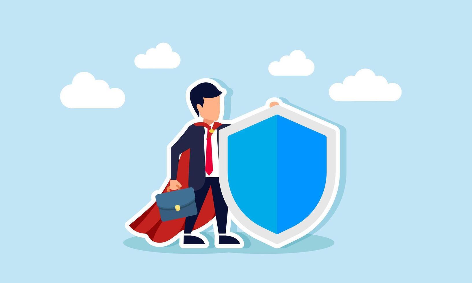 Super businessman stands holding a blue shield, illustration of the importance of insurance in all fields vector