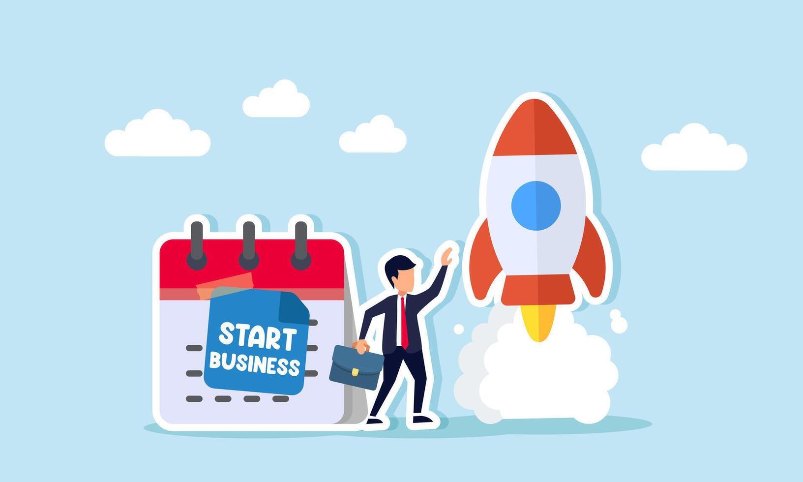 Businessman stands next to a calendar with a START BUSINESS sticker, watching a rocket launch, illustration of launching a business or introducing it to the market vector