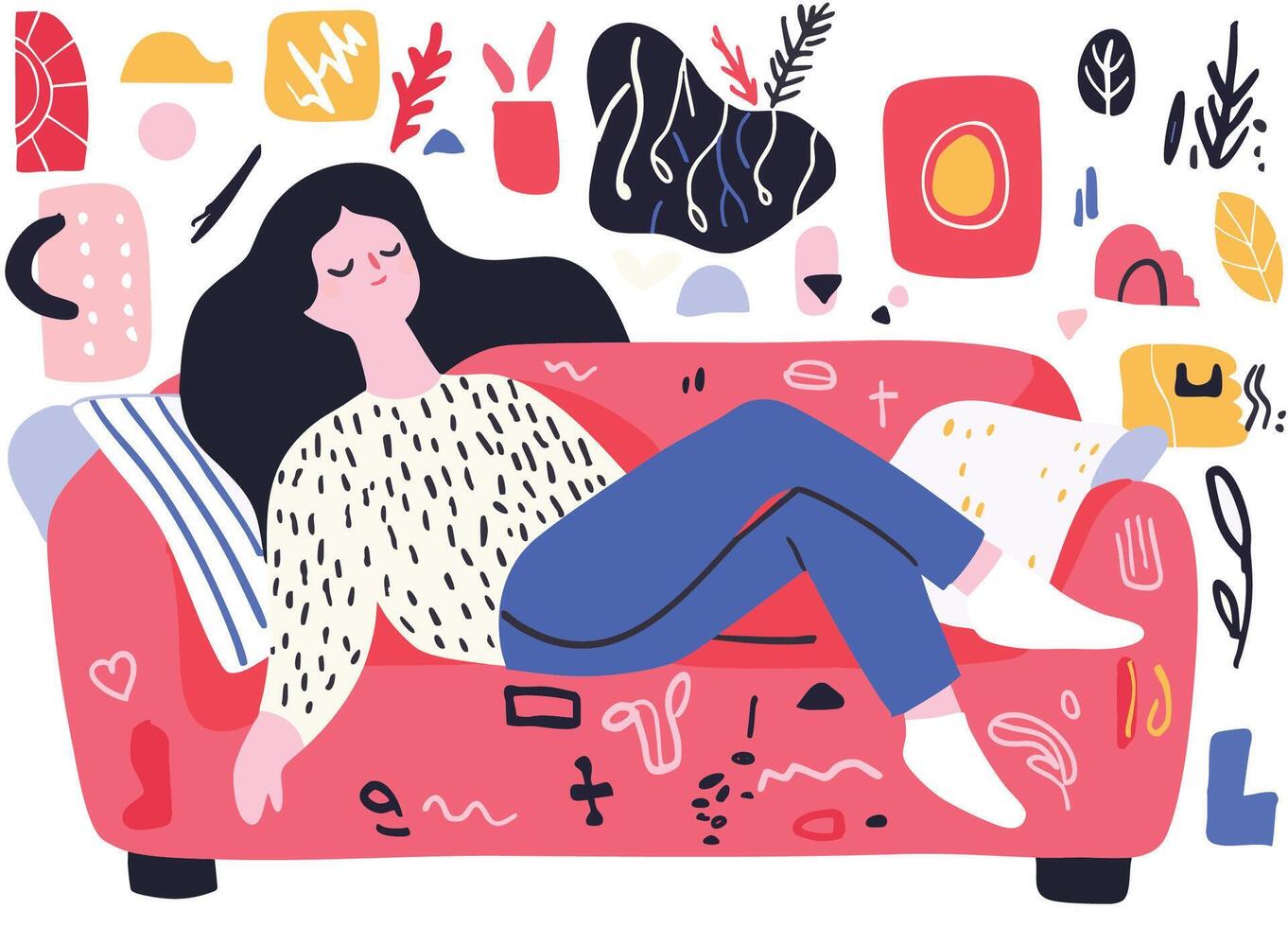 girl relaxing on red sofa, surrounded by colorful abstract shapes and plants, conveying sense of comfort and creativity vector