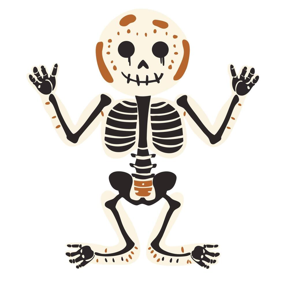 Cute cartoon skeleton with playful expression, arms raised in cheerful pose, perfect for Halloween or educational themes vector