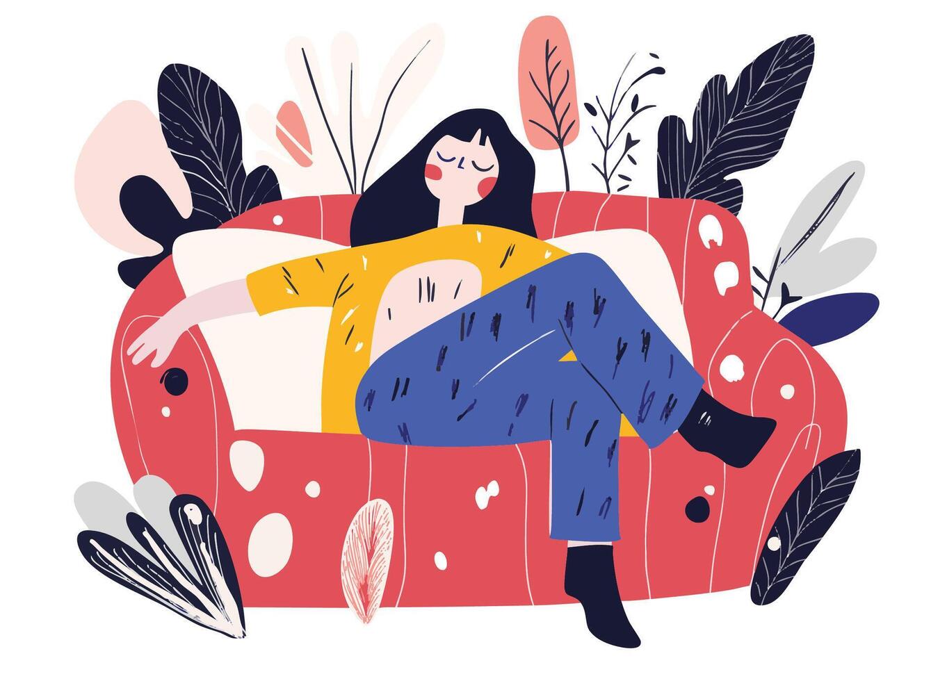 girl relaxing on colorful sofa surrounded by plants, expressing comfort and tranquility. Her casual outfit adds to cozy atmosphere vector