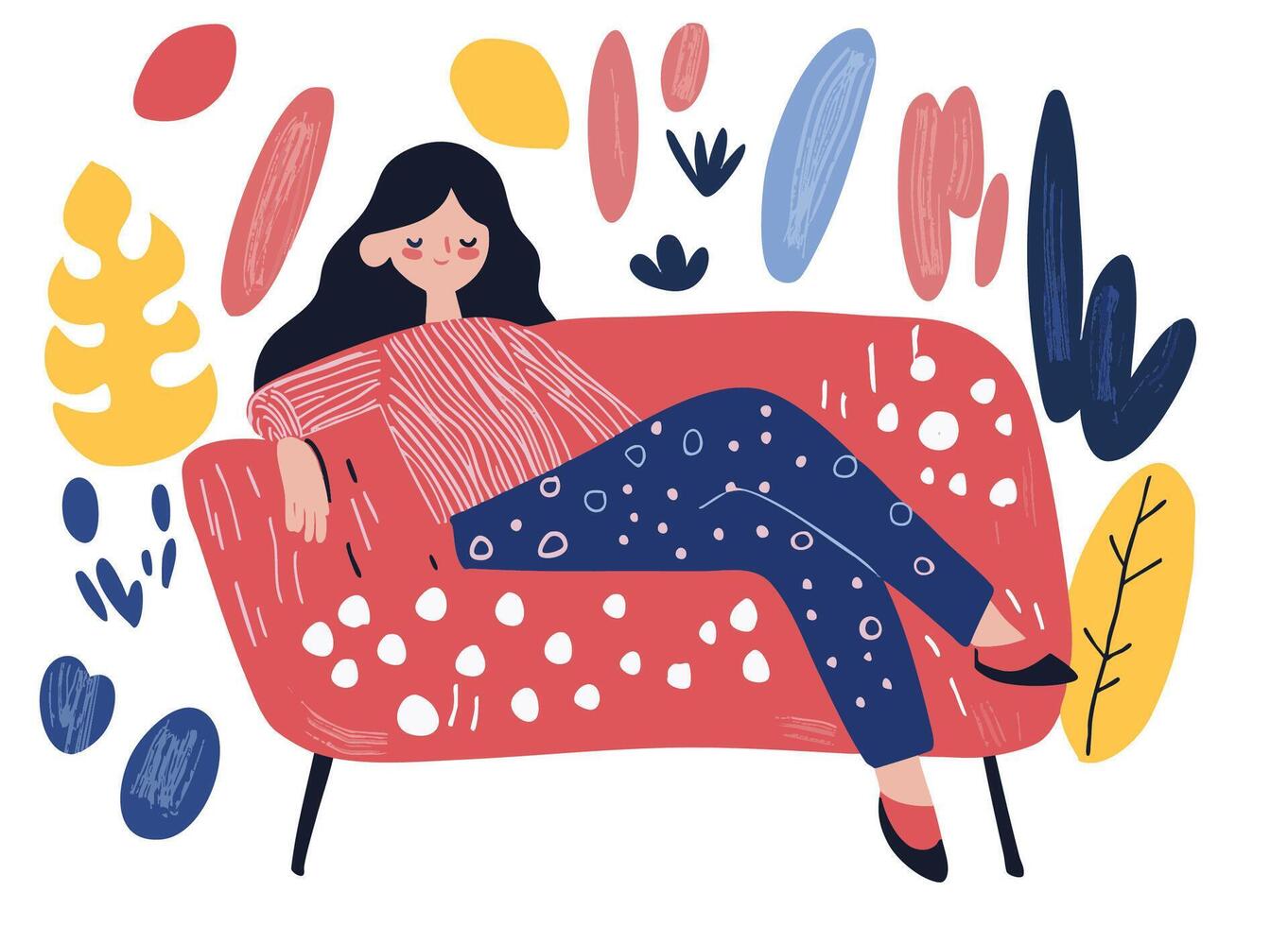 girl relaxing on colorful sofa surrounded by abstract plants and shapes, conveying sense of comfort and creativity vector