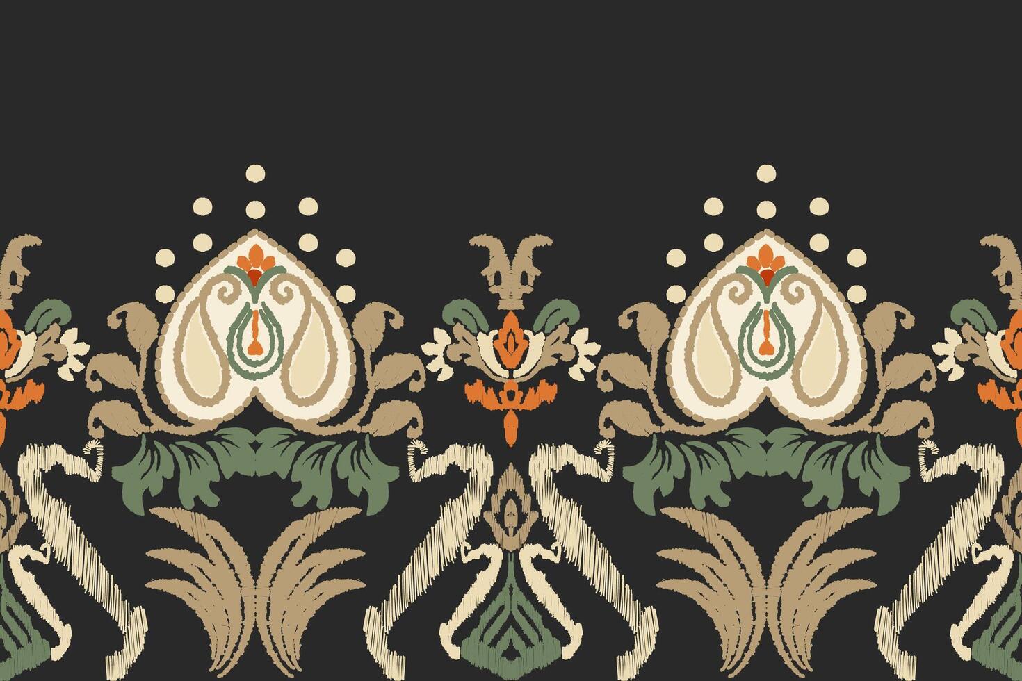 Embroidered Ikat flower pattern on a black background. Traditional ethnic ikat, . vector