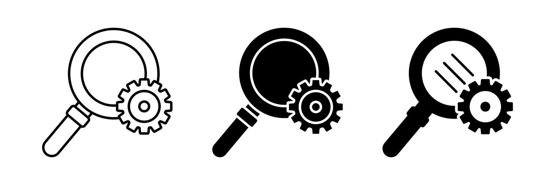 set of magnifying glass and gear icons. data analysis symbol sign. trendy and modern design vector