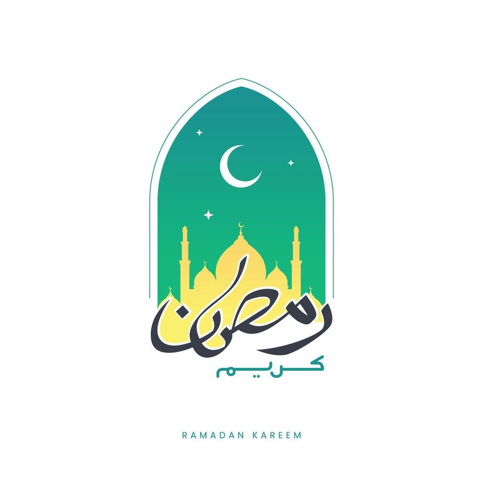 Ramadan and Eid mubarak green concept with calligraphy, mosque, and moon. suitable for islamic greeting banner vector