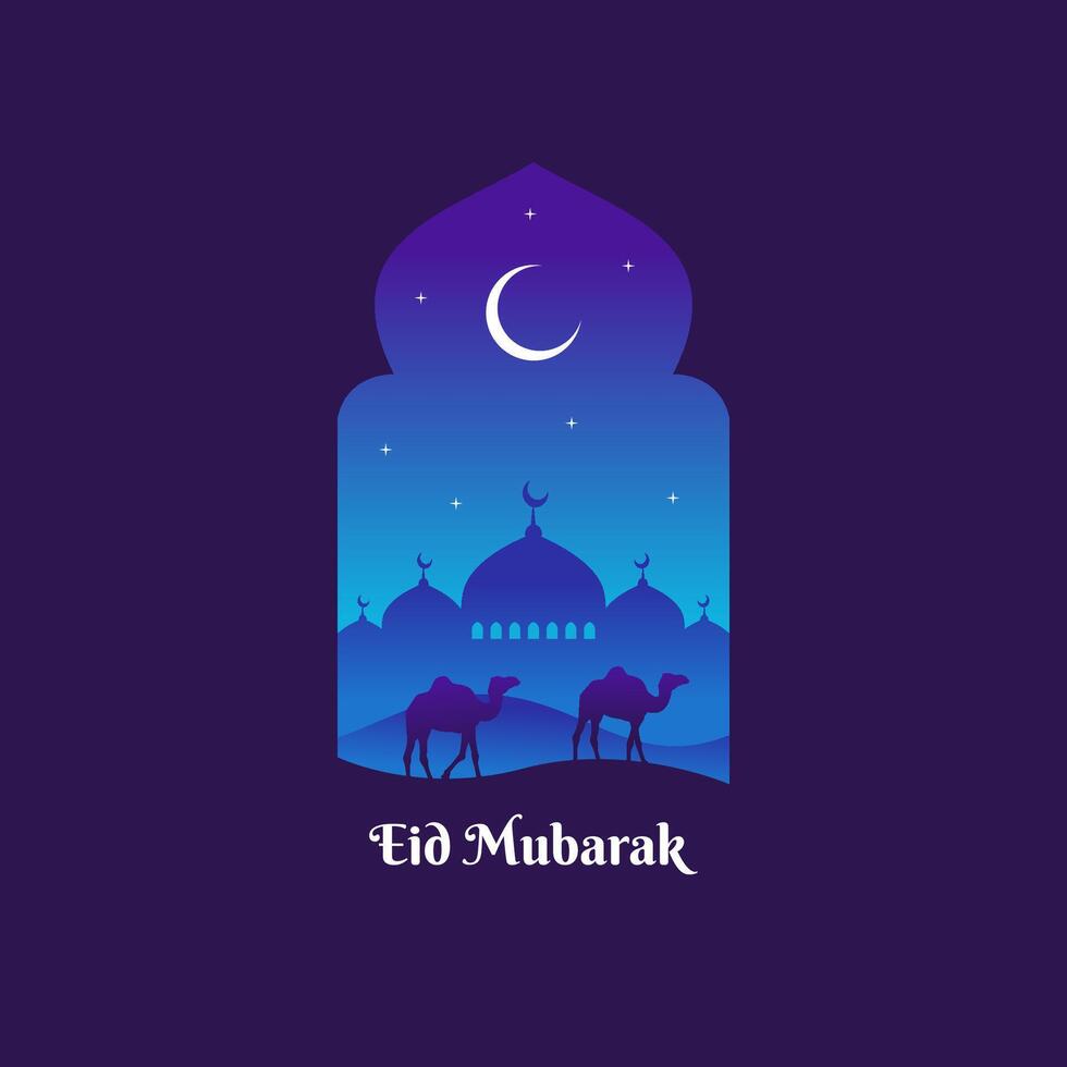 Ramadan and Eid mubarak night concept with camel, mosque, and moon. suitable for islamic greeting banner vector